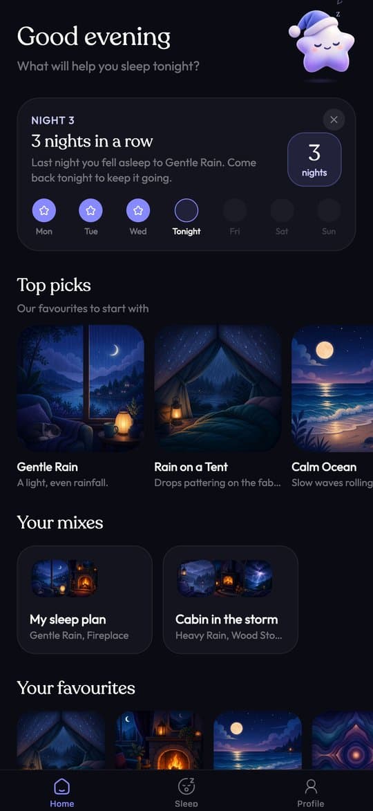 Sleepy's home screen with the streak, wind-down and top picks